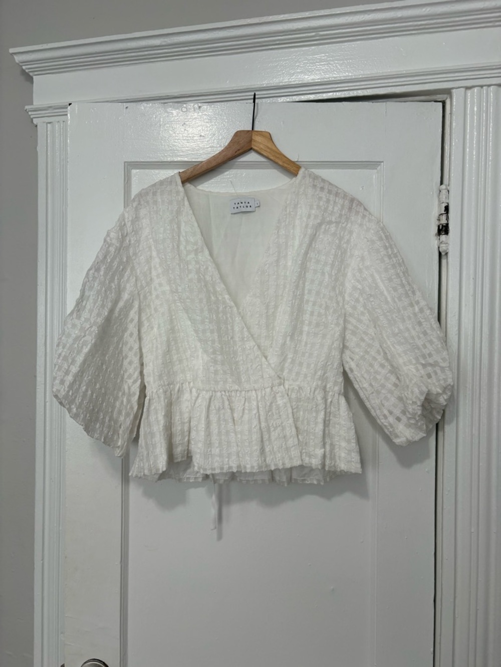 Tanya Taylor White Textured Wrap Peplum Blouse